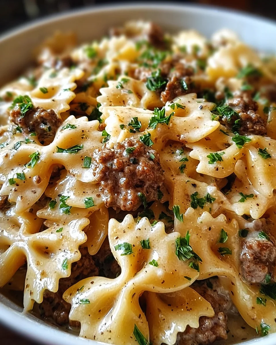 Beef and Bowtie Pasta with Alfredo Sauce