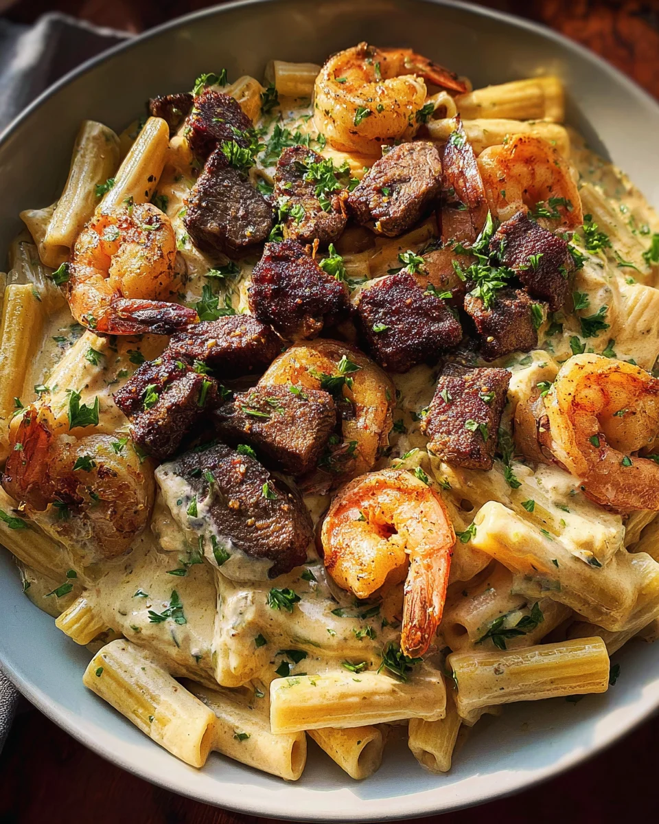 Blackened Steak and Shrimp Alfredo