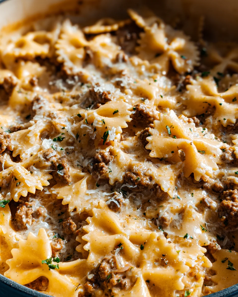 Cheesy Beef and Bowtie Pasta in Garlic Butter