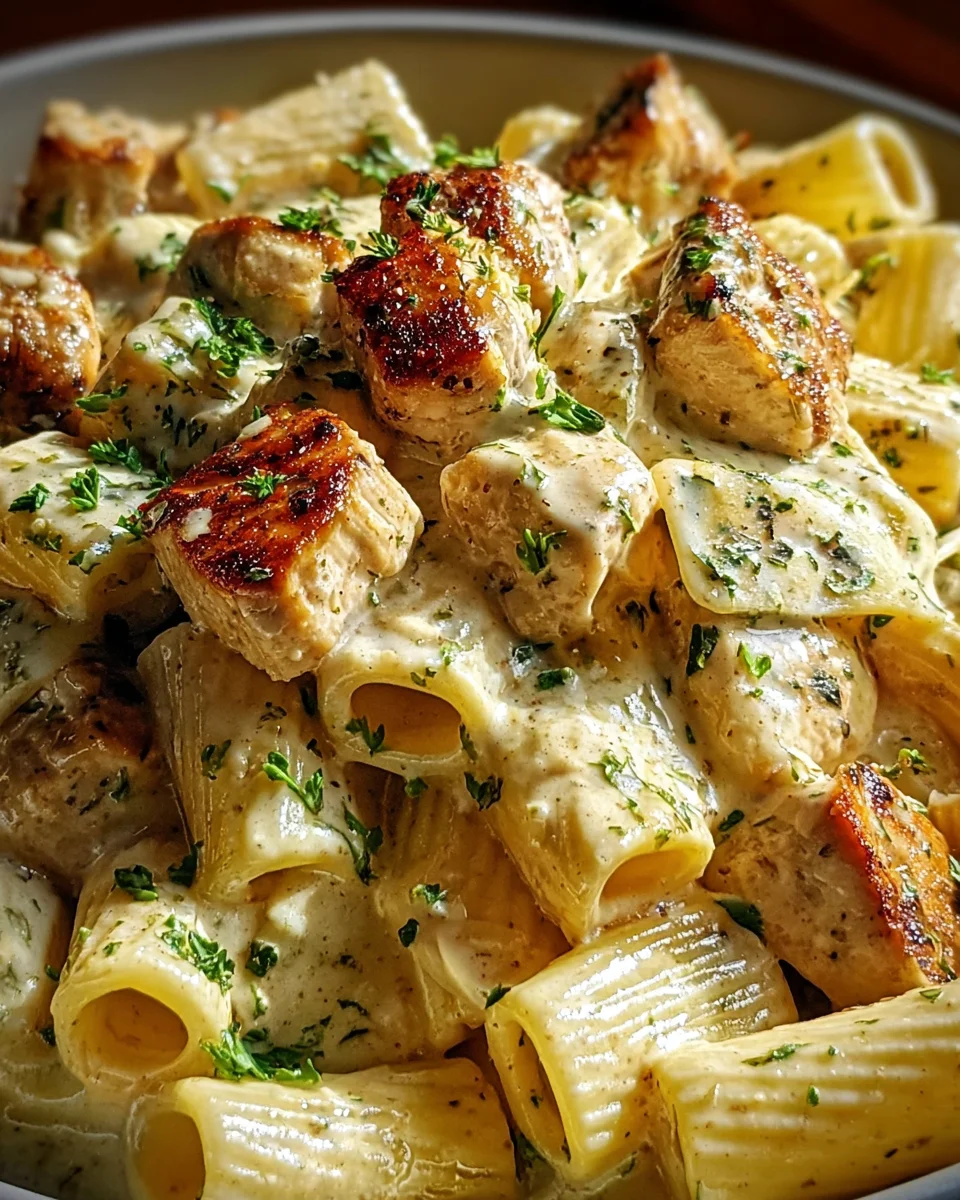 Creamy Garlic Butter Chicken and Rigatoni in Parmesan Sauce