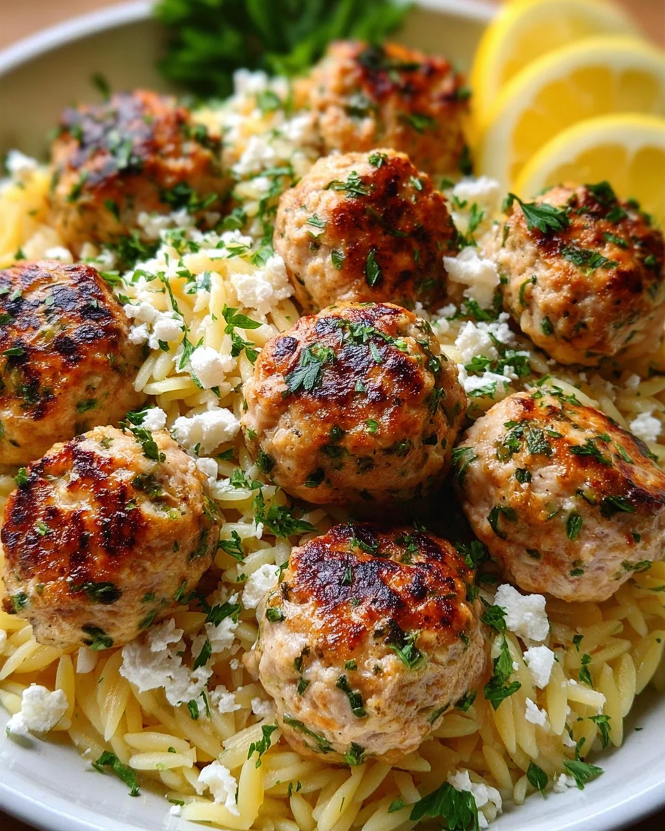 Greek Chicken Meatballs with Lemon Orzo