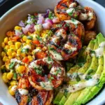 Grilled Shrimp Bowl with Avocado, Corn Salsa & Creamy Garlic Sauce