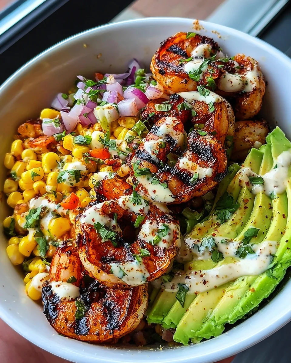 Grilled Shrimp Bowl with Avocado, Corn Salsa & Creamy Garlic Sauce