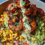 Grilled Shrimp Bowl with Avocado, Corn Salsa & Creamy Sauce