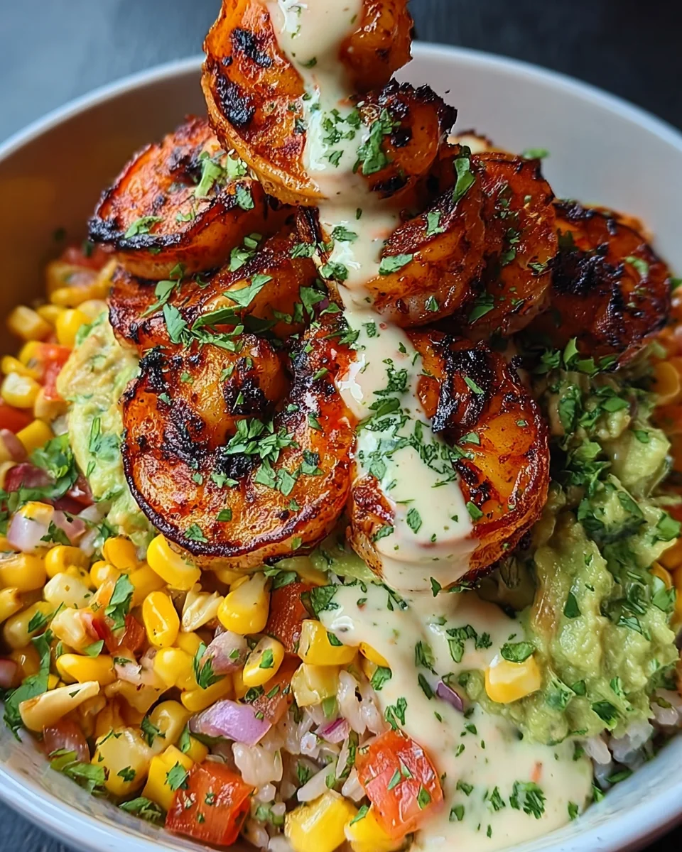 Grilled Shrimp Bowl with Avocado, Corn Salsa & Creamy Sauce
