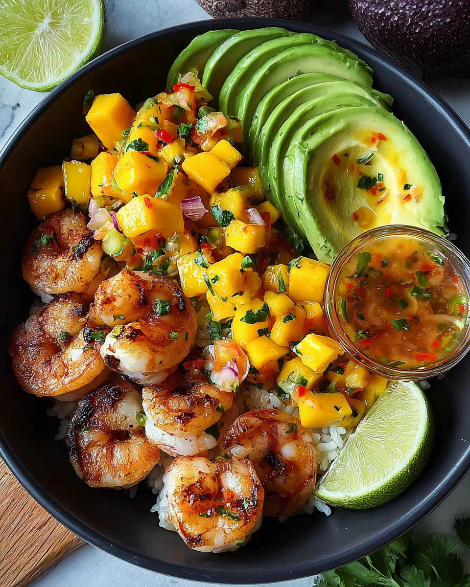Shrimp and Avocado Bowls with Mango Salsa & Lime-Chili Sauce