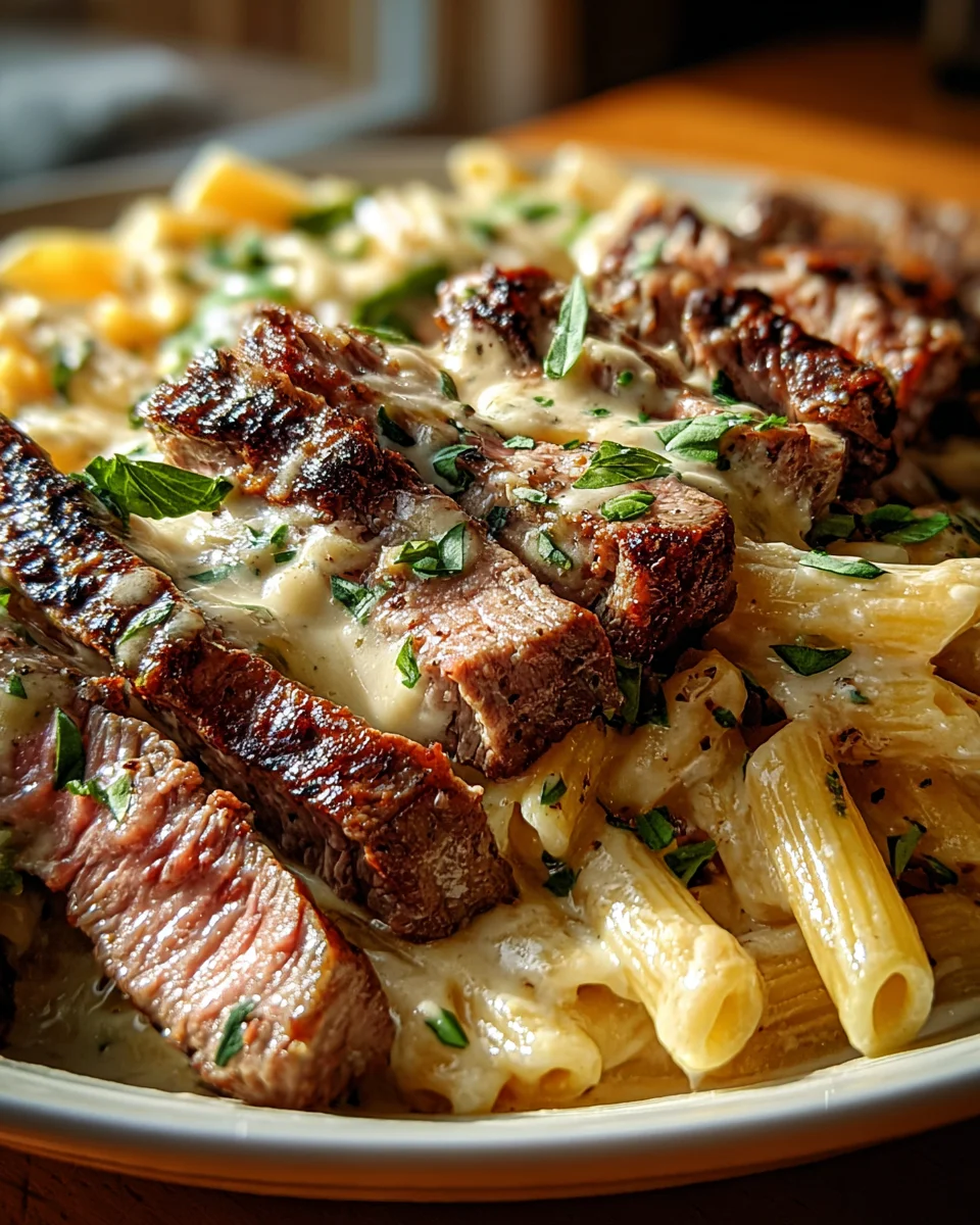 Steak and Creamy Garlic Parmesan Pasta