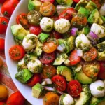 Tomato Cucumber Avocado Salad with Mozzarella and Basil Pesto