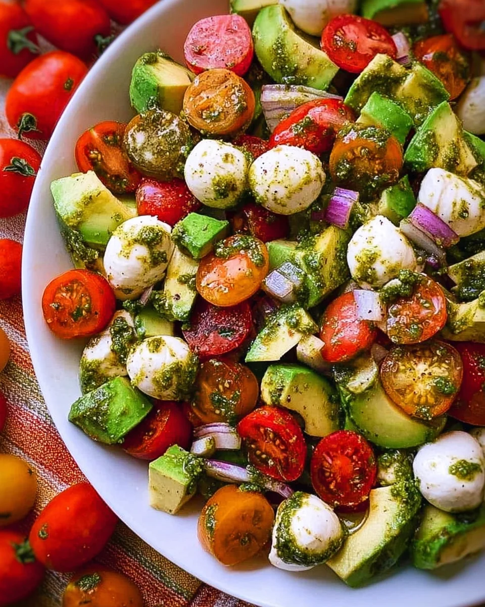 Tomato Cucumber Avocado Salad with Mozzarella and Basil Pesto